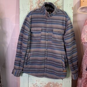 Voyager Men’s Size L fleece snap down long sleeve striped grey and blue jacket.